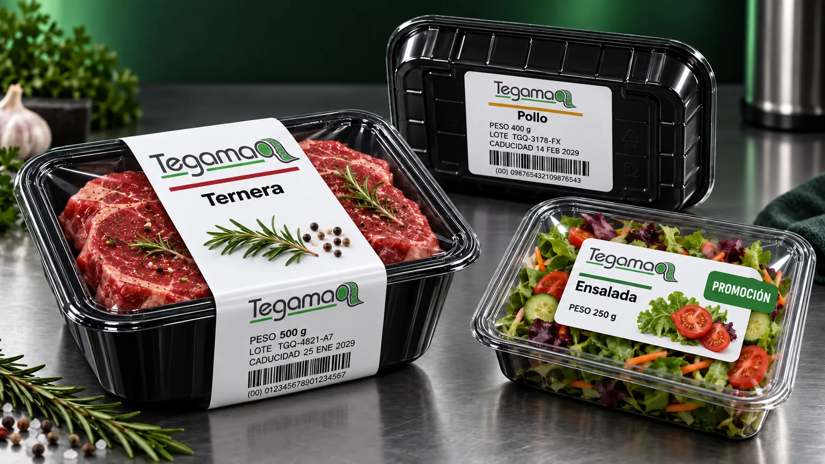 Bandejas y envases alimentarios identificados por Tegamaq